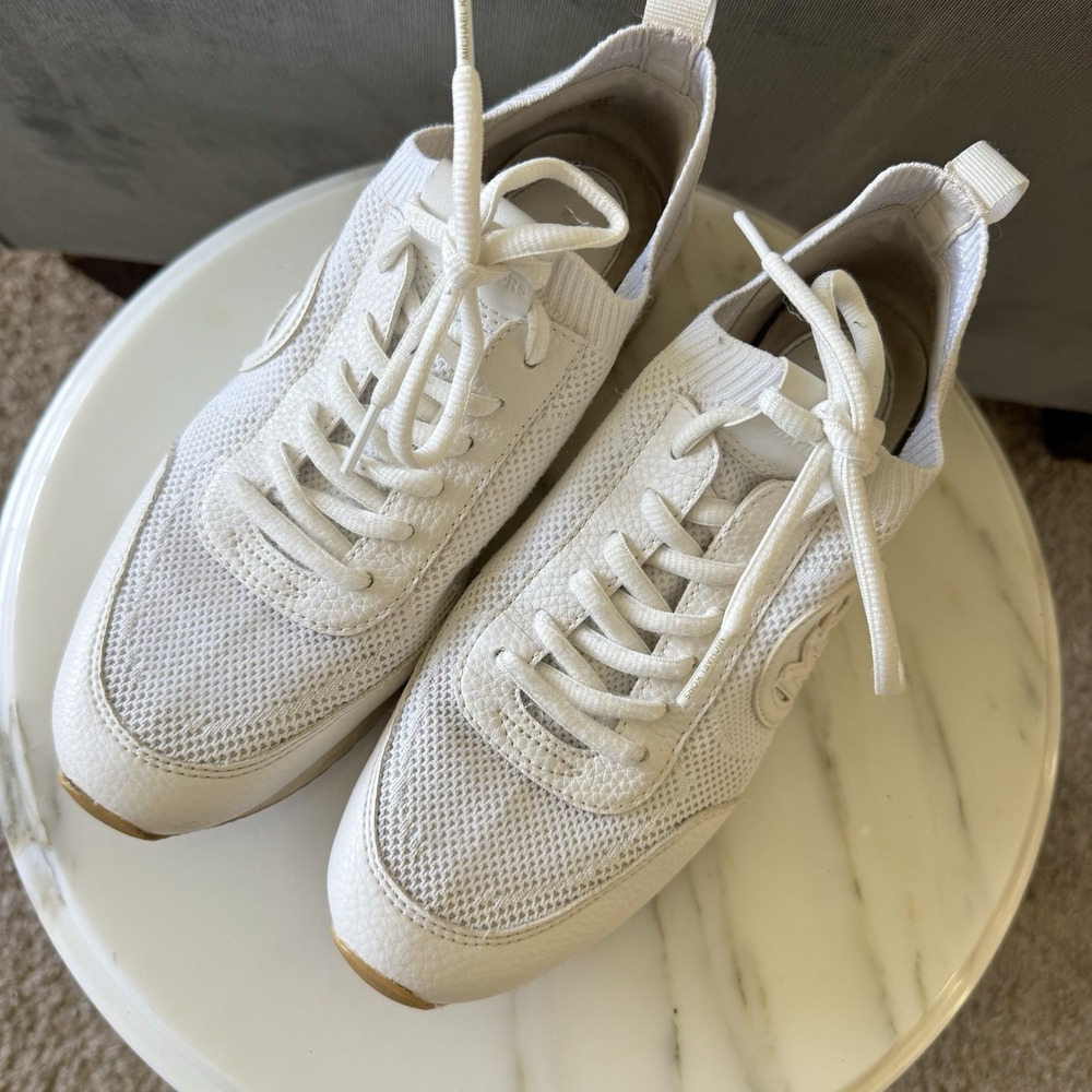 Michael Kors Jenkins Women's 7.5 Stretch Knit Trainer Sneaker MK White / Gold - Picture 4 of 6